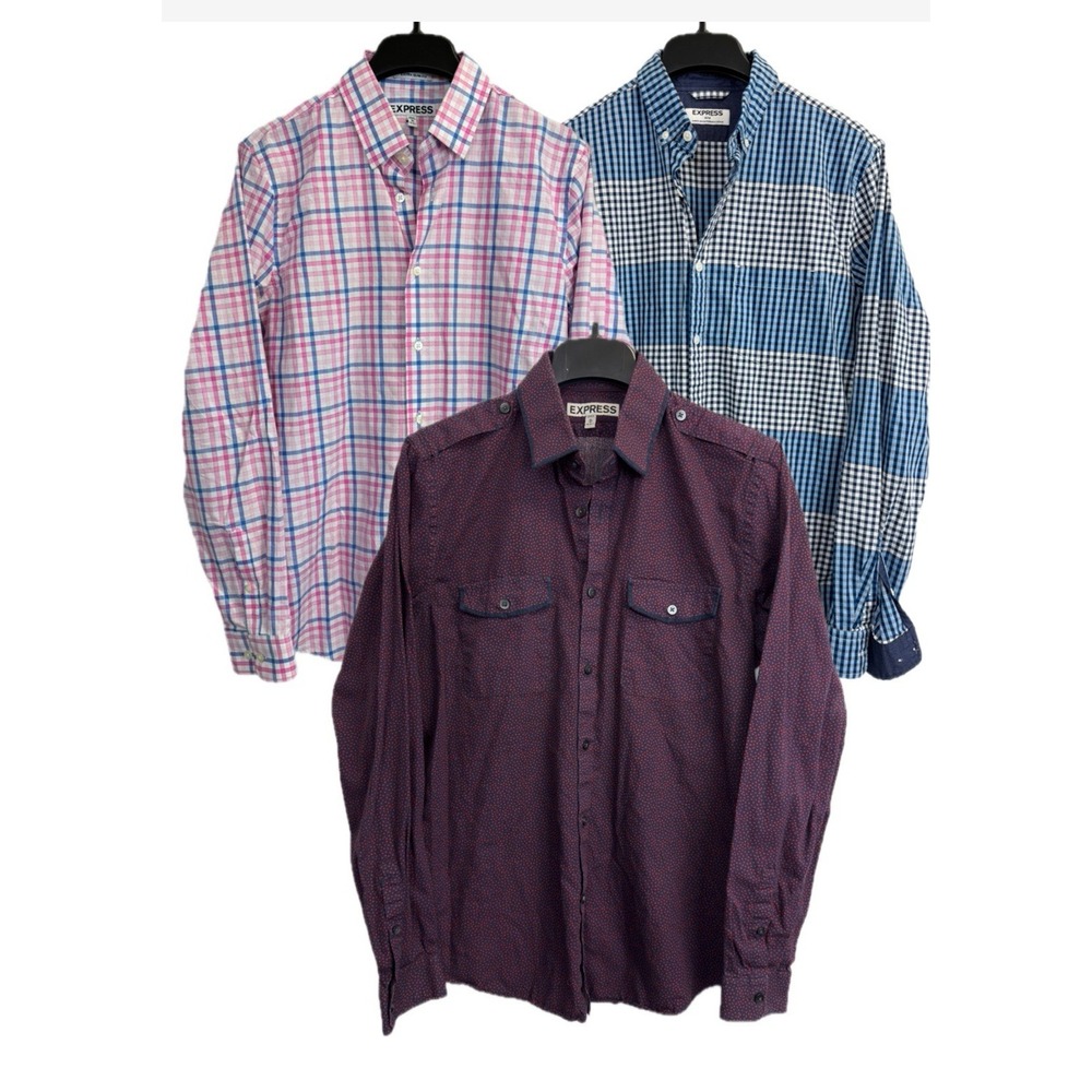 Lot Of 3 Express Shirts Mens Size Medium‎ Extra Slim Plaid Button Up Long Sleeve